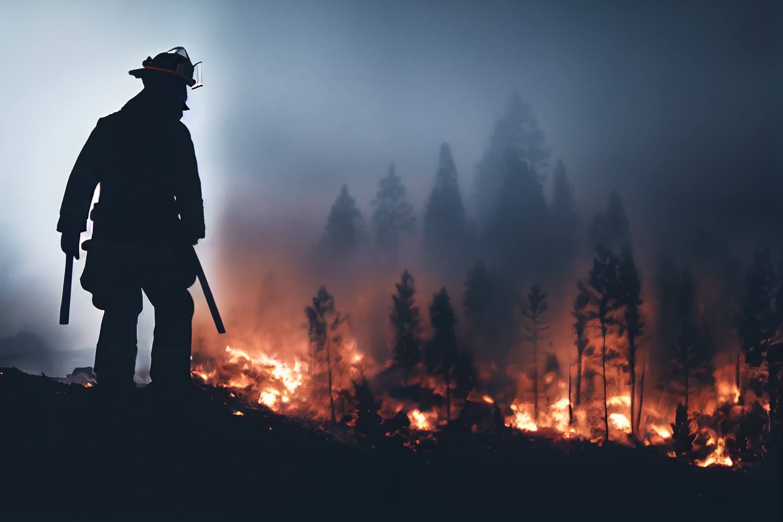 Firefighter onlooking wildfire